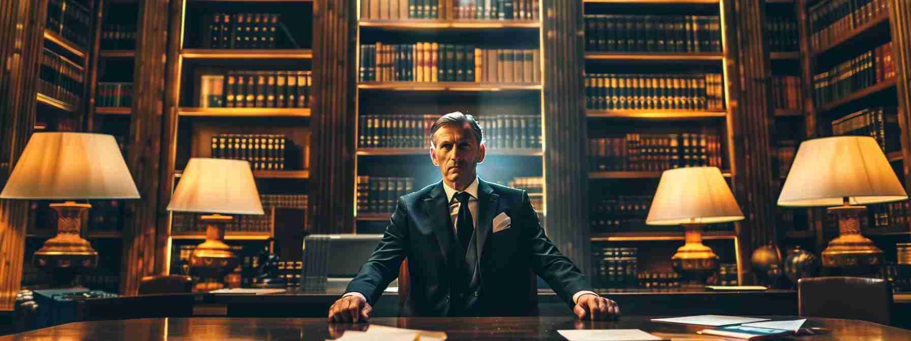 a confident criminal defense attorney stands poised in a dimly lit courtroom, surrounded by towering bookshelves filled with legal tomes, as powerful evidence documents are prominently displayed on the polished wooden table, highlighting the gravity of the case at hand. a confident criminal defense attorney stands poised in a dimly lit courtroom, surrounded by towering bookshelves filled with legal tomes, as powerful evidence documents are prominently displayed on the polished wooden table, highlighting the gravity of the case at hand.