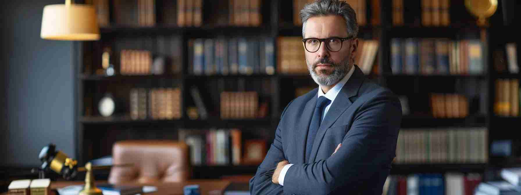 a confident criminal defense lawyer stands in a modern office, surrounded by law books and case files, exuding professionalism and determination against a backdrop of soft, ambient lighting. a confident criminal defense lawyer stands in a modern office, surrounded by law books and case files, exuding professionalism and determination against a backdrop of soft, ambient lighting.