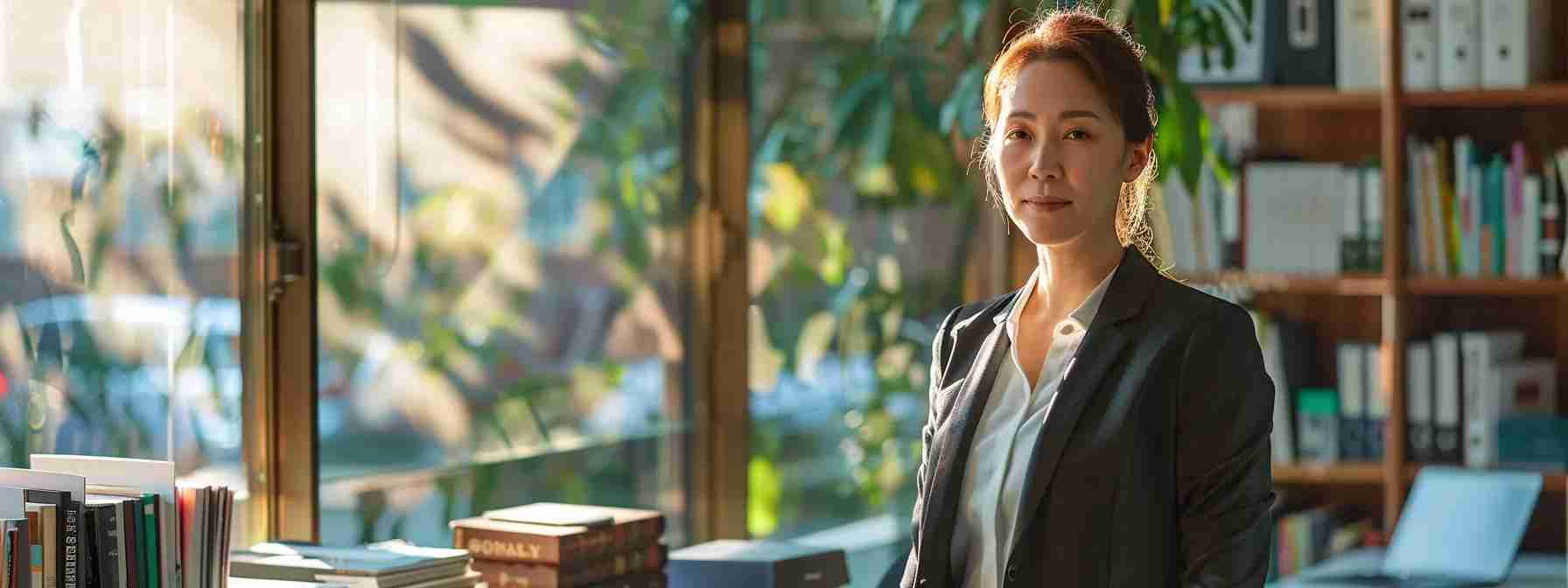 a confident immigration lawyer stands in a modern office, surrounded by books and legal documents, exuding professionalism and trustworthiness under soft, natural light streaming through large windows.