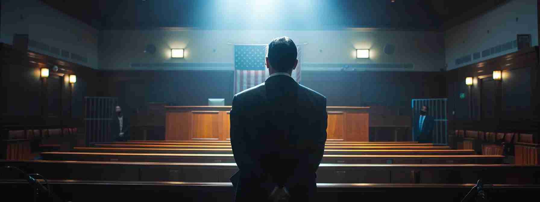 a dramatic courtroom scene captures a worried defendant standing before a judge, illuminated by stark overhead lighting, symbolizing the urgent need for early legal representation in critical criminal proceedings. a dramatic courtroom scene captures a worried defendant standing before a judge, illuminated by stark overhead lighting, symbolizing the urgent need for early legal representation in critical criminal proceedings.