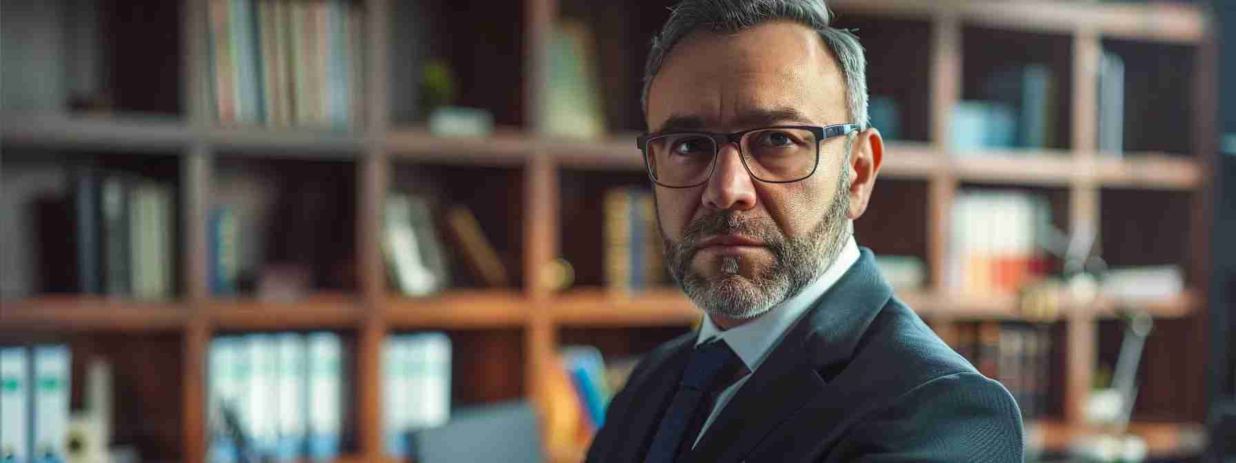 a focused portrait of a confident immigration lawyer in a modern office, exuding professionalism and expertise, surrounded by legal books and certificates that highlight their specialized training and credentials in immigration law.