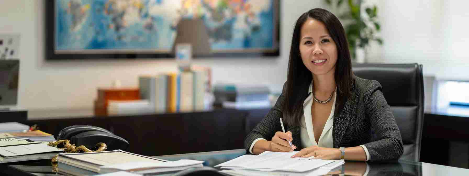 a poised client sits in a sleek, modern office, surrounded by organized paperwork and a thoughtful expression, ready to engage in a meaningful discussion about immigration law with a professional lawyer seated across the desk.