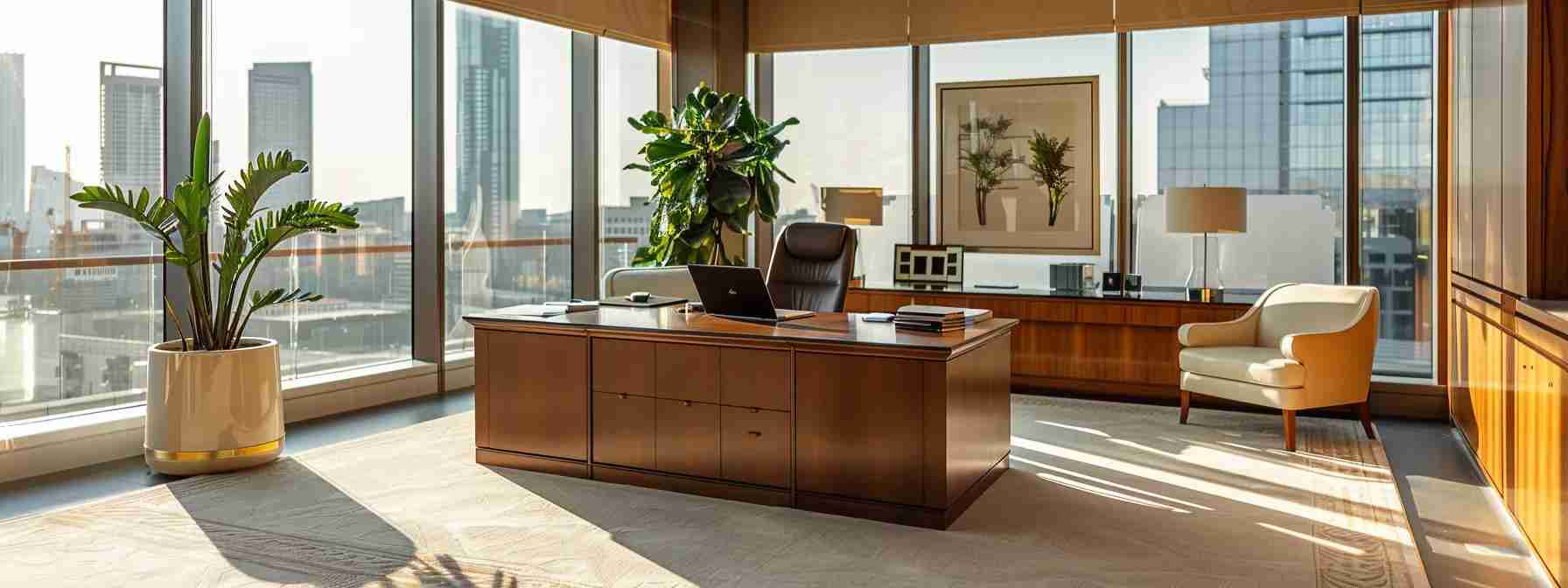 a professional immigration lawyer's office, elegantly designed with modern furnishings, showcases a large desk neatly arranged with legal documents and a laptop, bathed in warm, natural light filtering through large windows, symbolizing clarity and understanding in fee structures and payment options.