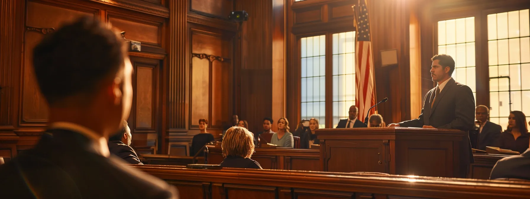 a commanding courtroom scene captures a seasoned defense attorney passionately presenting a meticulous strategy to a captivated jury, illuminated by dramatic overhead lighting that emphasizes the intensity of the moment.