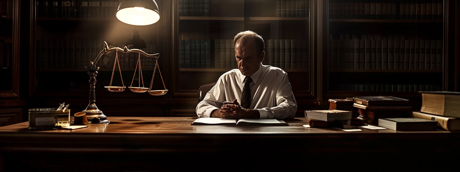a contemplative defendant sits at a wooden table in a dimly lit law office, surrounded by law books and a scale of justice, weighing their options between a plea bargain and a trial, capturing the tension and complexity of their decision-making process.