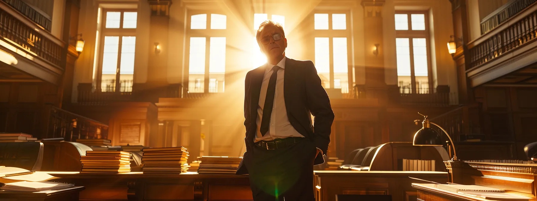 a determined criminal defense attorney stands confidently in a sunlit courtroom, surrounded by stacks of legal files and a tense atmosphere, symbolizing the battle against injustice and the complexities of navigating a fair trial.
