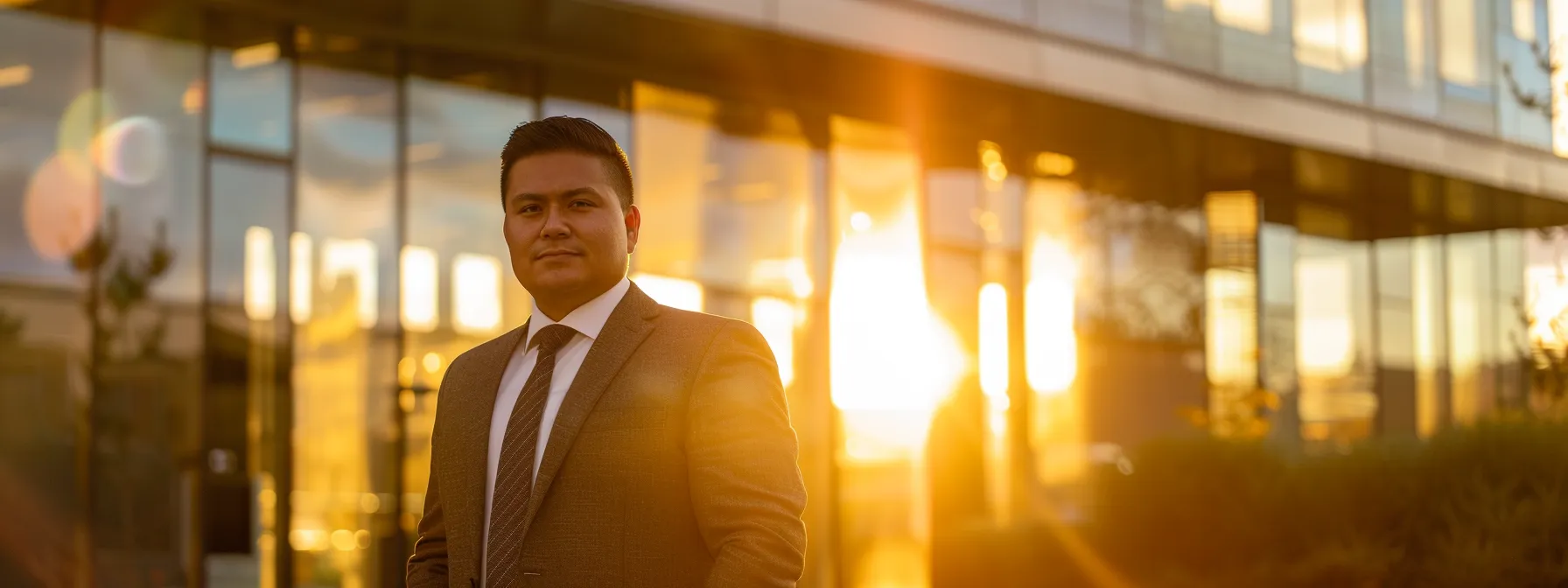 a determined immigrant stands confidently in front of a modern immigration law firm, with the sun setting behind the building, symbolizing hope and the promise of a brighter future through expert legal guidance. a determined immigrant stands confidently in front of a modern immigration law firm, with the sun setting behind the building, symbolizing hope and the promise of a brighter future through expert legal guidance.