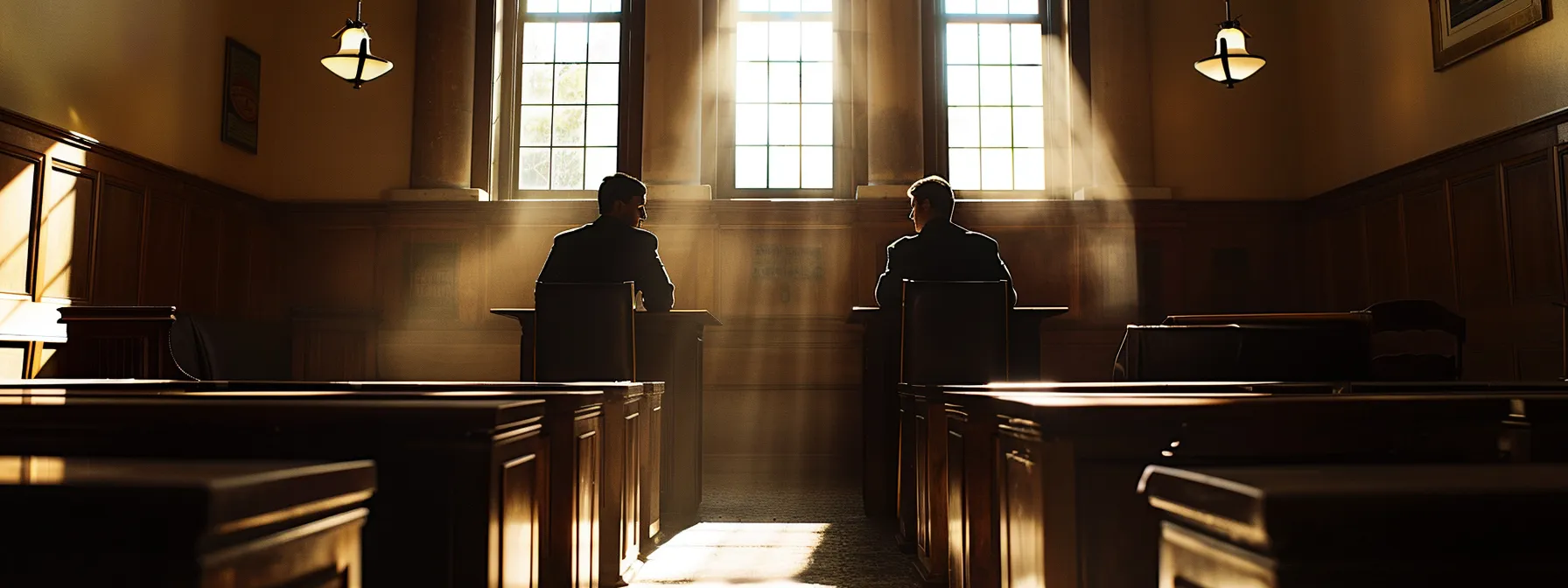 a dramatic courtroom scene captures a tense negotiation between a determined attorney and a thoughtful client, with shadows cast by the overhead lights emphasizing the weight of the plea bargain decision.