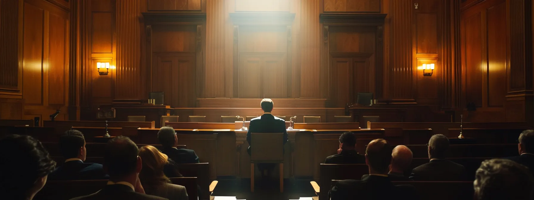 a dramatic courtroom scene captures a poised judge presiding over a tense jury selection, illuminated by soft overhead lighting that highlights the solemnity and gravity of the trial process.