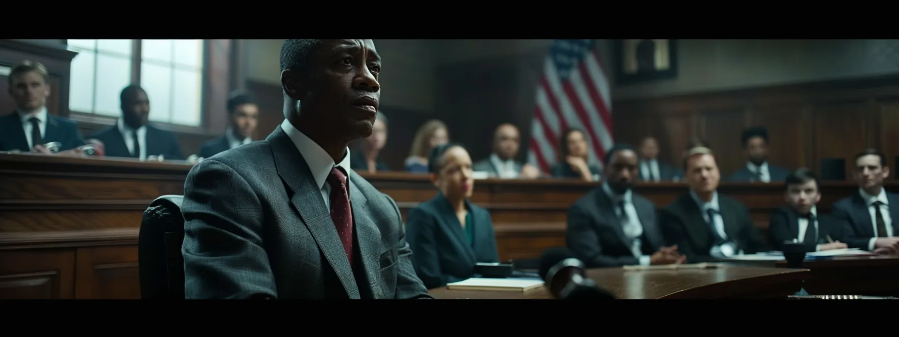 a dramatic courtroom scene captures a tense moment during a plea bargain discussion, with the judge's gavel poised in the foreground, reflecting the serious interplay of negotiation and the weight of justice in a criminal defense law setting.