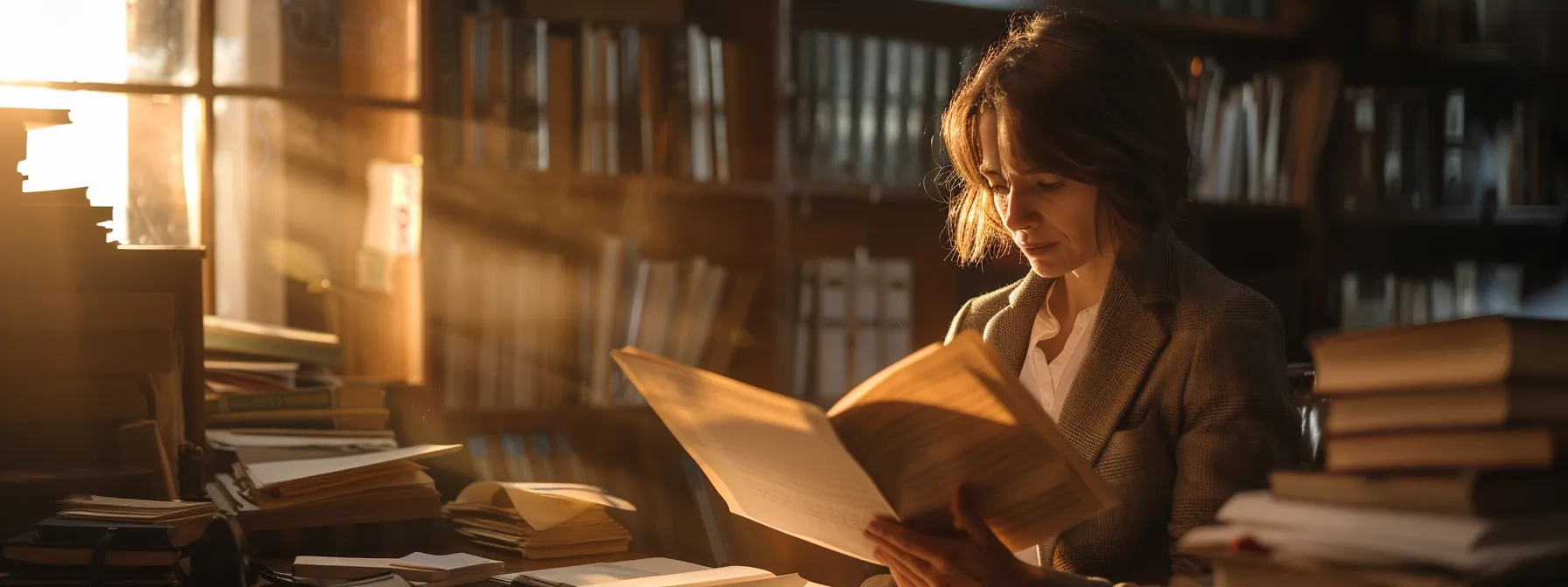 a focused attorney examines a collection of organized legal documents and evidence related to a criminal defense case, illuminated by soft, natural lighting that highlights their determination and expertise.