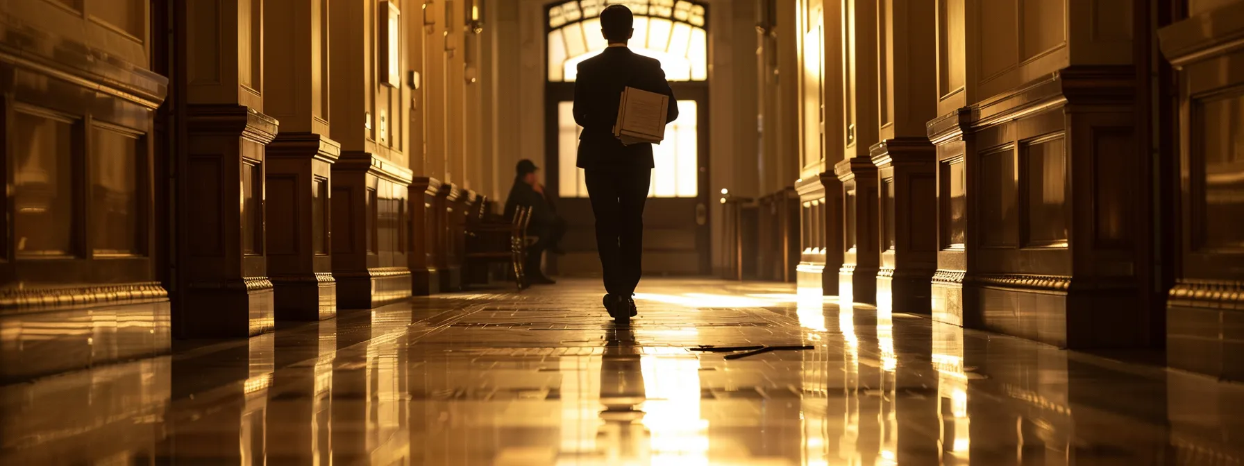 a focused, contemplative individual stands at a crossroads in a dimly lit hallway, clutching a stack of legal documents while contemplating a pivotal decision about their future, symbolizing the weight of choosing between a plea bargain and trial in the justice system.