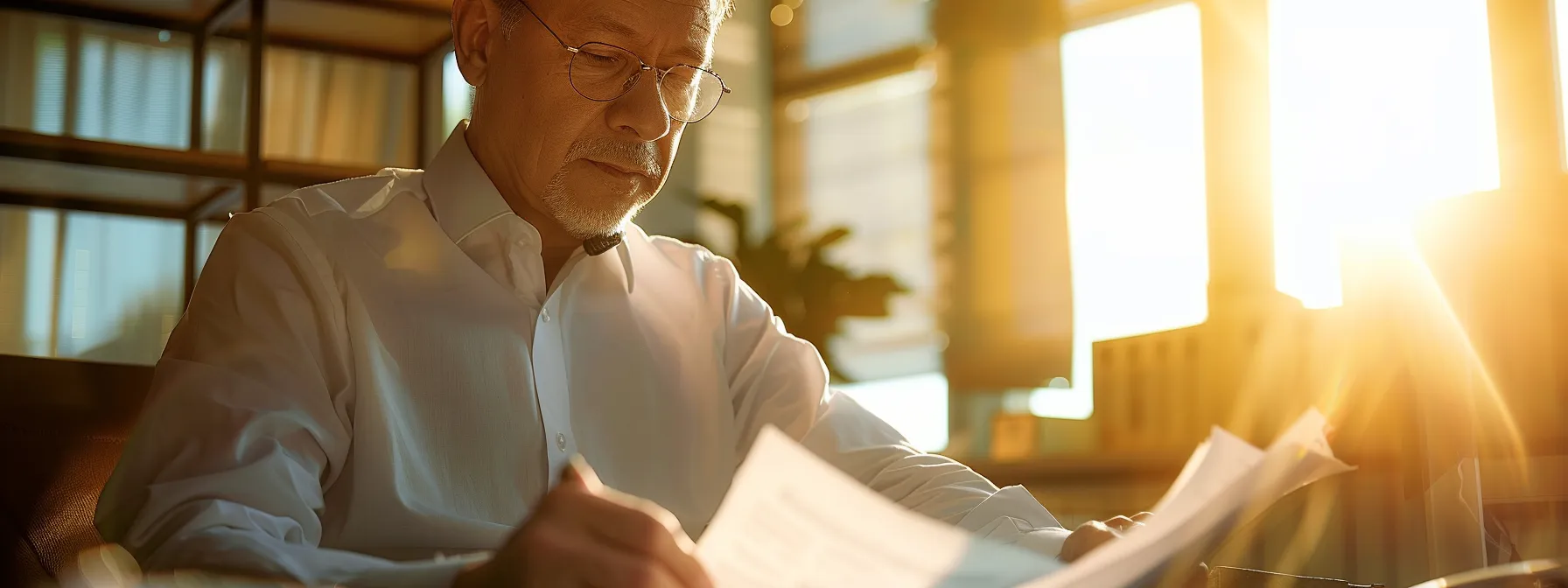 a focused immigration lawyer diligently reviews a client's documents in a sunlit office, symbolizing efficient case handling and a smooth immigration process. a focused immigration lawyer diligently reviews a client's documents in a sunlit office, symbolizing efficient case handling and a smooth immigration process.