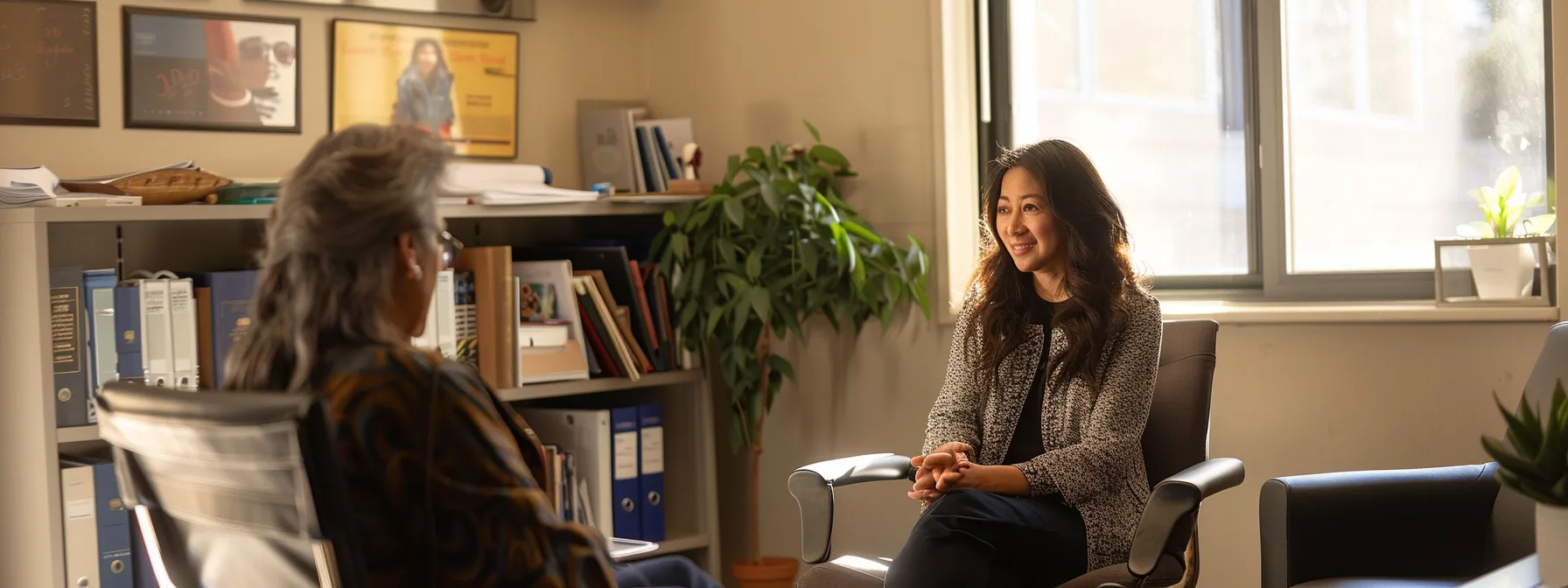 a relaxed client sits in a warmly lit office, discussing immigration processes with a compassionate lawyer, surrounded by supportive documents and comforting decor, symbolizing hopeful guidance and emotional reassurance during a challenging journey. a relaxed client sits in a warmly lit office, discussing immigration processes with a compassionate lawyer, surrounded by supportive documents and comforting decor, symbolizing hopeful guidance and emotional reassurance during a challenging journey.