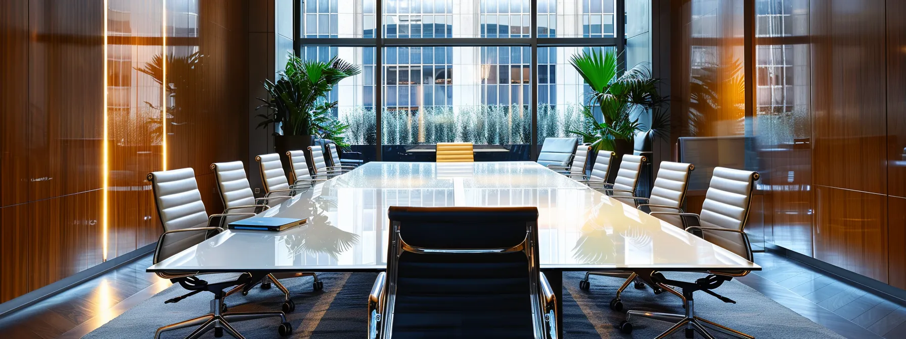 a high-contrast, polished conference room with a sleek, glass table at its center, surrounded by stylish ergonomic chairs, sets the stage for a serious discussion among sharp-dressed professionals preparing for a pivotal criminal defense case.