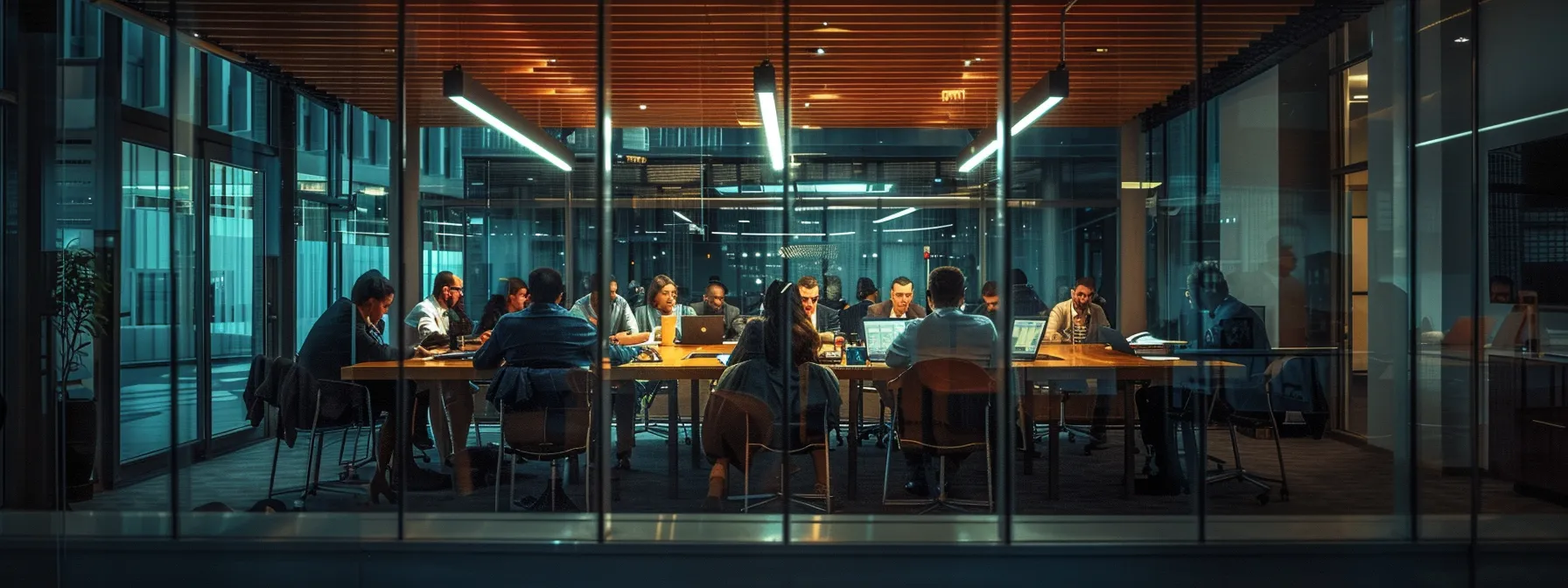 a modern, bustling immigration law office, featuring sleek glass partitions and diverse professionals engaged in discussions around a polished conference table, illuminated by warm, sophisticated lighting that emphasizes a sense of urgency and collaboration.
