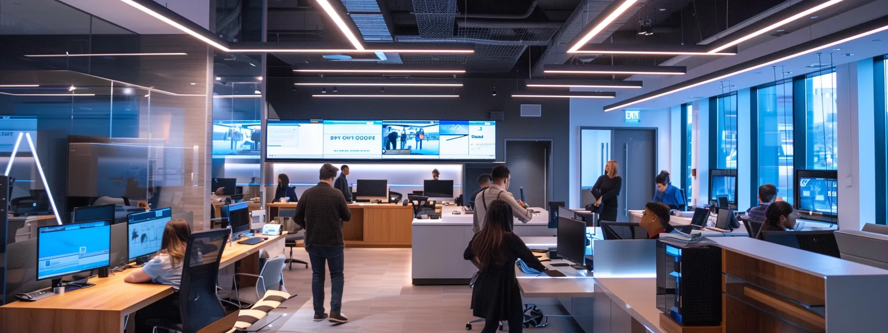 a modern immigration law firm office, featuring sleek desks, bright screens displaying legal documents, and a diverse group of professionals engaged in a dynamic discussion, illuminated by sharp overhead lighting that emphasizes the focus on client advocacy.