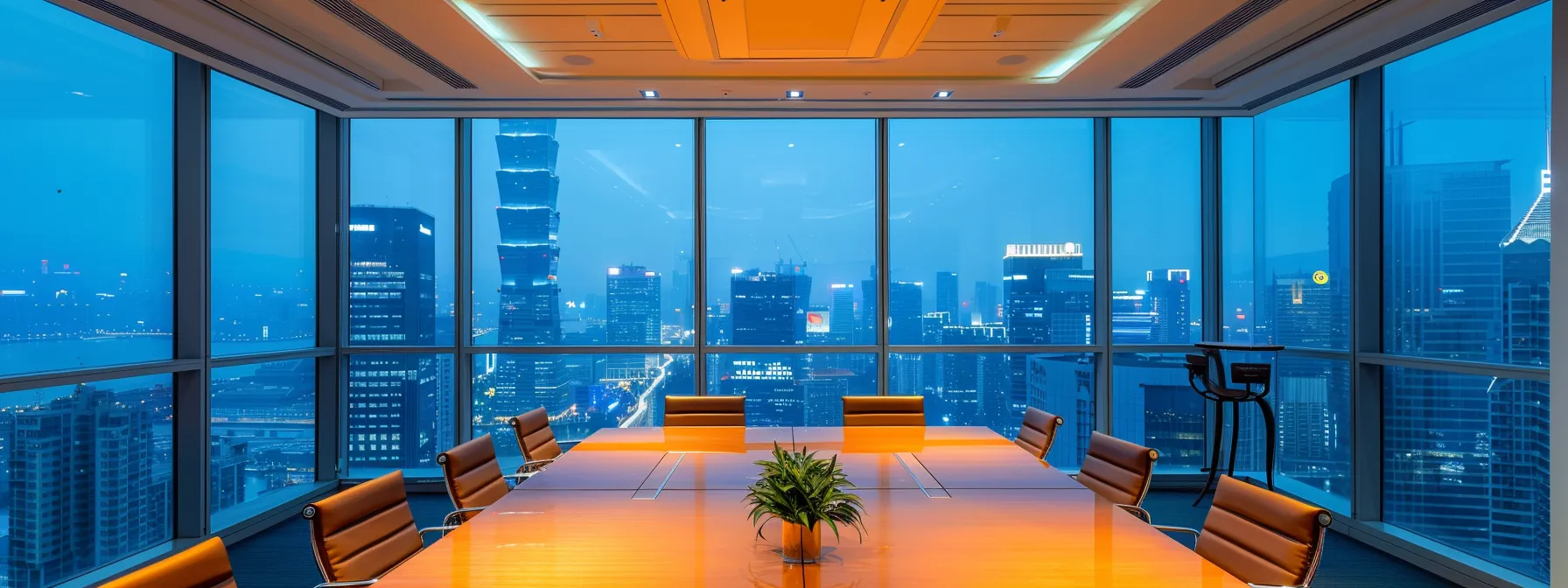 a modern, sleek immigration law office, featuring a polished wooden conference table surrounded by comfortable leather chairs, with a large window displaying a city skyline, illuminated by warm, focused lighting that enhances the professionalism of the environment.