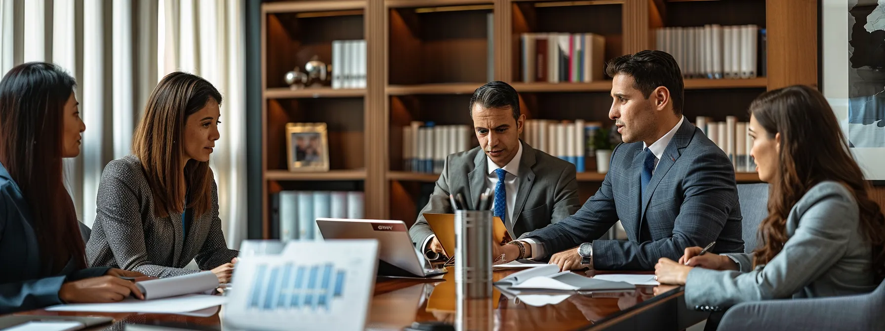 a modern, well-lit immigration law office showcases a diverse group of clients engaged in a focused consultation with a professional attorney, surrounded by sleek furnishings and informative legal resources.
