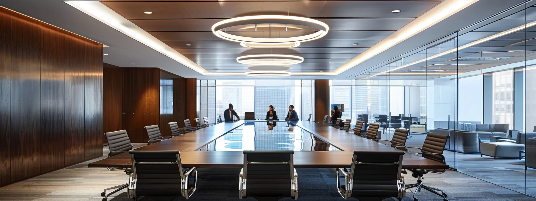 a modern, well-appointed immigration law office, featuring sleek furniture and a large conference table with focused professionals engaged in a discussion, illuminated by warm, ambient lighting that highlights the seriousness of their work.