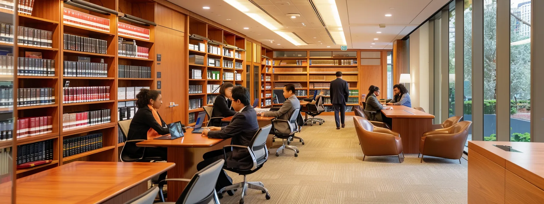 a polished and modern immigration law office features sleek desks, multilingual legal books lining the walls, and a diverse group of professionals engaged in thoughtful discussion under bright, focused overhead lighting.