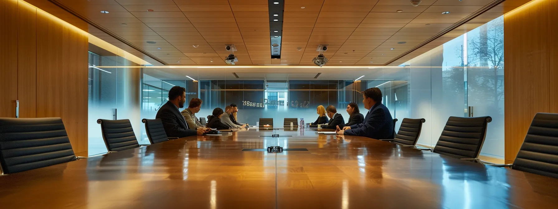 a polished conference room filled with an air of tension, featuring a sleek wooden table surrounded by attentive professionals engaged in a strategy session, all under the warm glow of recessed lighting. a polished conference room filled with an air of tension, featuring a sleek wooden table surrounded by attentive professionals engaged in a strategy session, all under the warm glow of recessed lighting.