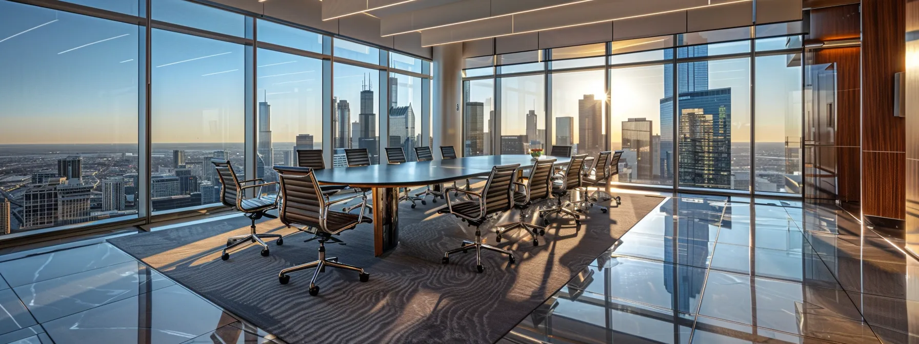 a polished, modern law office with sleek furniture and a large conference table set for a meeting, exuding confidence and professionalism, with a city skyline view through expansive glass windows.
