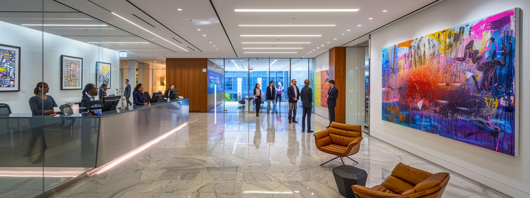 a polished office interior showcases a diverse group of professionals engaged in a dynamic discussion over immigration law case files, surrounded by modern art and sleek furnishings that convey a sense of urgency and expertise.