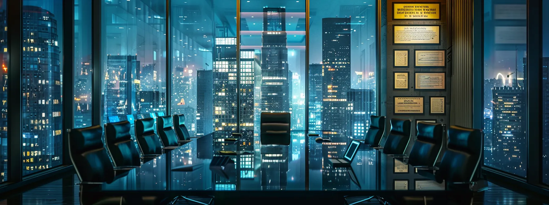 a sleek immigration law office, featuring an elegant conference table surrounded by modern chairs, with a backdrop of framed legal certifications and a glowing city skyline visible through large glass windows, conveys professionalism and trust.