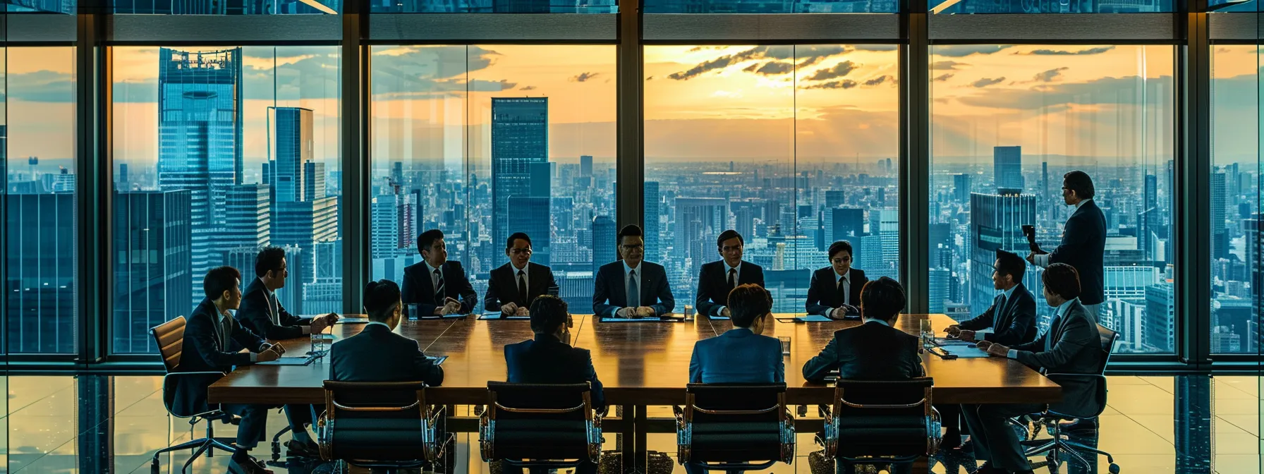 a sleek, modern conference room with a polished oak table, surrounded by high-backed leather chairs, where a focused group of legal professionals in tailored suits intensely discuss strategies against a backdrop of large windows showcasing a bustling urban skyline.