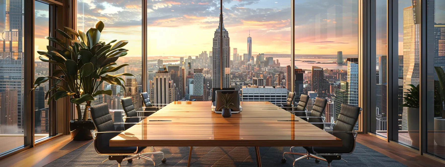 a sleek, modern immigration law office features a polished wooden conference table surrounded by contemporary chairs, with large windows showcasing a bustling city skyline, emphasizing the professional and welcoming atmosphere for clients seeking legal guidance.