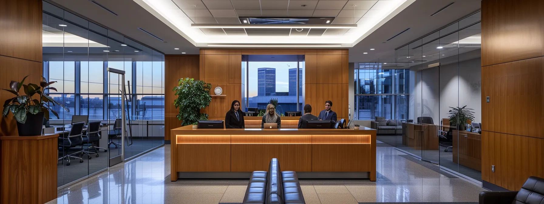 a sleek, modern immigration law office is filled with focused professionals engaged in dynamic discussions, illuminated by soft, ambient lighting that enhances the atmosphere of determination and hope.