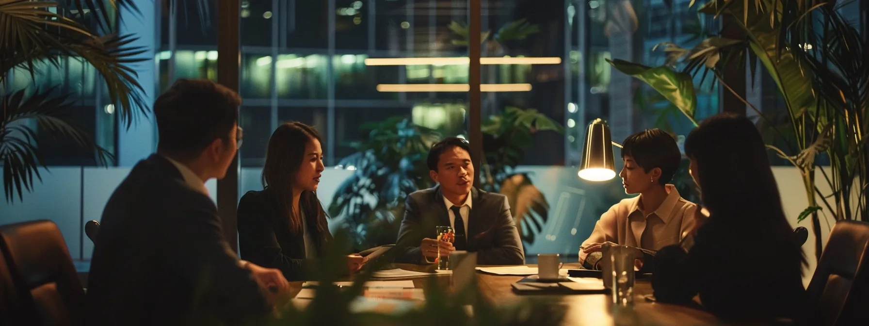 a sleek, modern immigration law office bathed in warm, ambient lighting features an engaged lawyer confidently discussing case strategies with a diverse group of clients around a polished conference table, emphasizing professionalism and support.