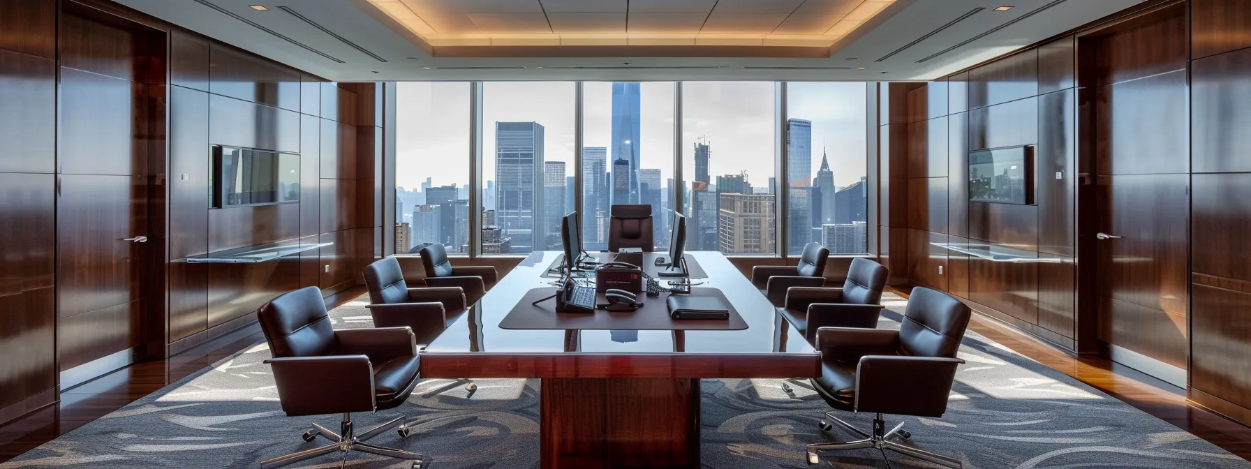 a sleek, modern law office boasts a polished mahogany desk, surrounded by leather chairs, with a large window framing a city skyline, embodying the professionalism and determination of a criminal defense law firm.