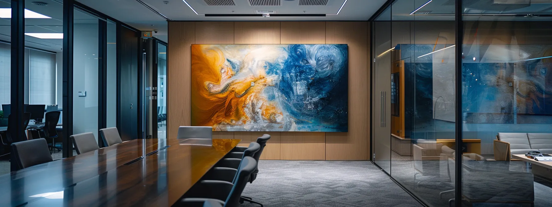 a sleek, modern law office with polished wooden furniture and a striking abstract art piece on the wall, showcasing a confident lawyer engaging in a serious consultation within a glass-walled conference room.