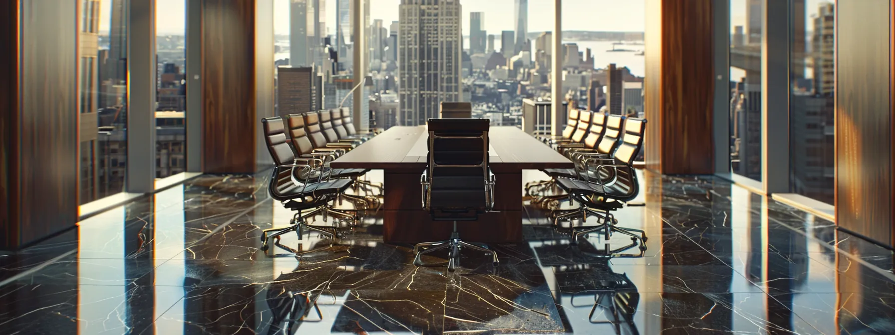 a sleek, modern law office featuring a polished conference table surrounded by elegant, high-backed chairs, with floor-to-ceiling windows revealing an urban skyline, conveying a sense of professionalism and trust in immigration law services.