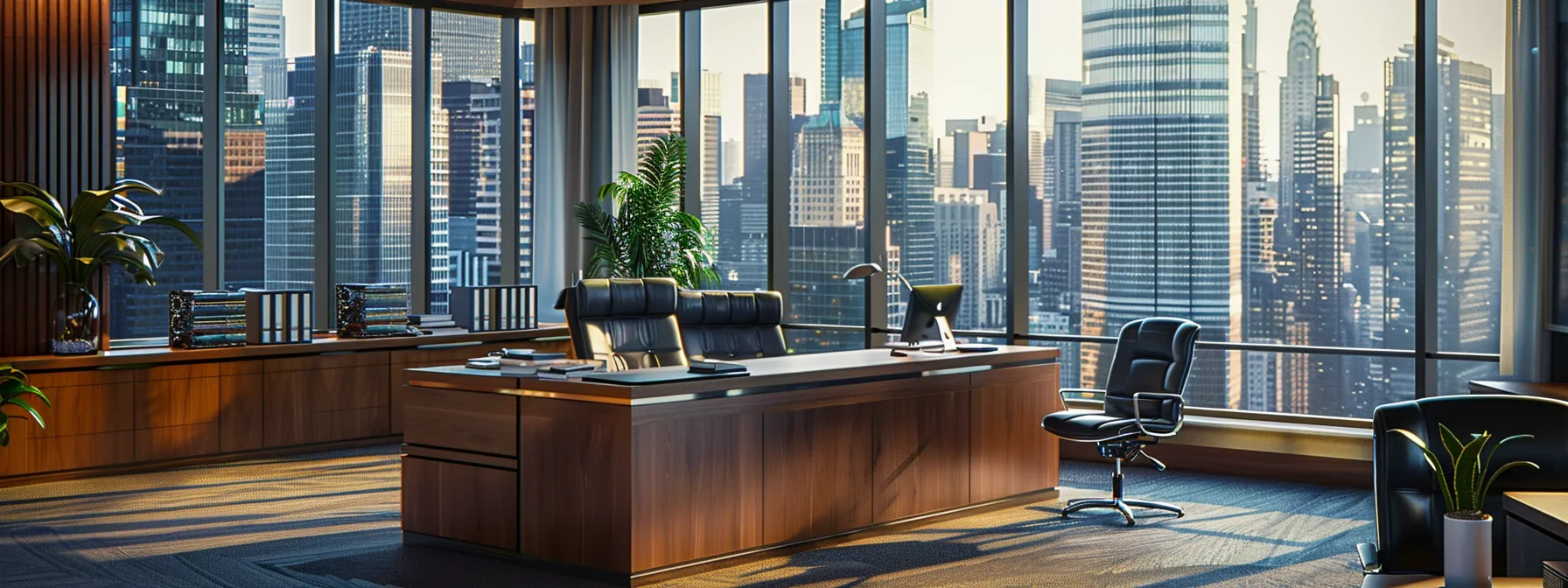 a sleek, modern law office with an imposing wooden desk, polished leather chairs, and large windows that reveal a bustling urban skyline, emphasizing the authoritative and professional atmosphere of a criminal defense law firm. a sleek, modern law office with an imposing wooden desk, polished leather chairs, and large windows that reveal a bustling urban skyline, emphasizing the authoritative and professional atmosphere of a criminal defense law firm.