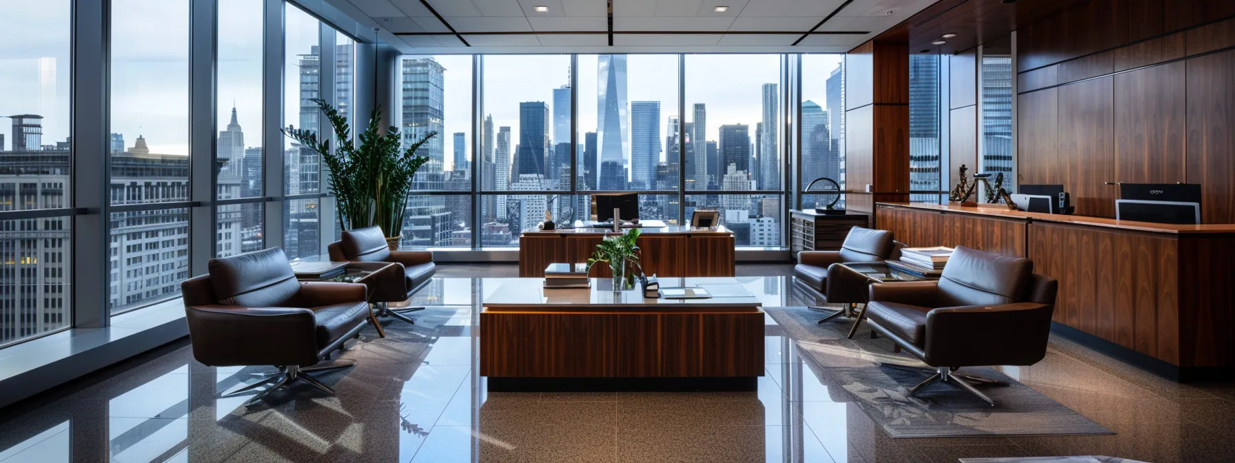a sleek, modern law office with dark wooden furnishings and polished leather seating, featuring a dramatic view of a bustling city skyline through large glass windows, symbolizing the high stakes of criminal defense.
