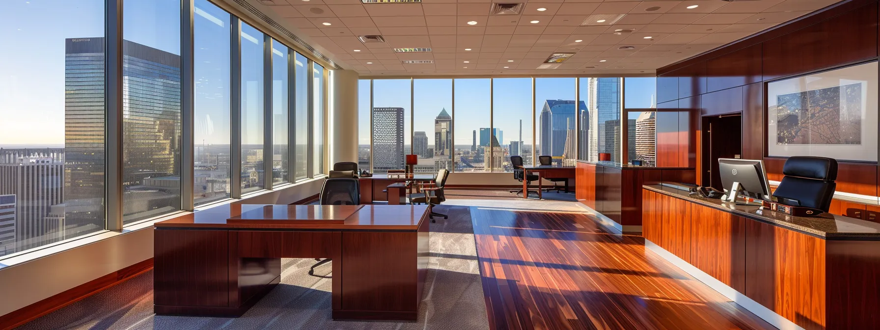 a sleek, modern law office with polished mahogany desks and a dynamic skyline visible through large glass windows, conveying an atmosphere of professionalism and urgency in criminal defense advocacy. a sleek, modern law office with polished mahogany desks and a dynamic skyline visible through large glass windows, conveying an atmosphere of professionalism and urgency in criminal defense advocacy.