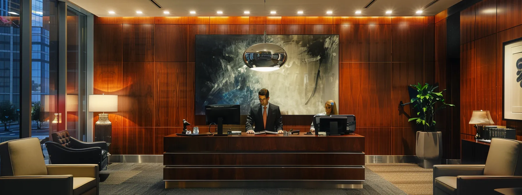 a sleek, modern law office adorned with dark wood finishes and contemporary artwork, featuring a confident attorney presenting a compelling case in front of an engaged client, illuminated by focused artificial lighting.