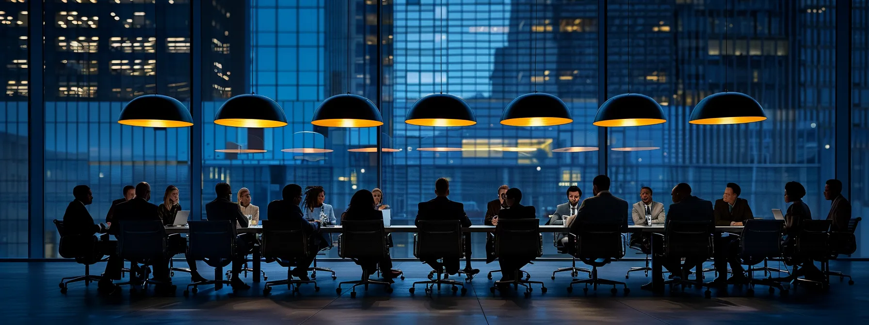 a sleek, modern office environment filled with diverse professionals discussing immigration law, illuminated by sophisticated pendant lighting and featuring a large, polished conference table at the center.