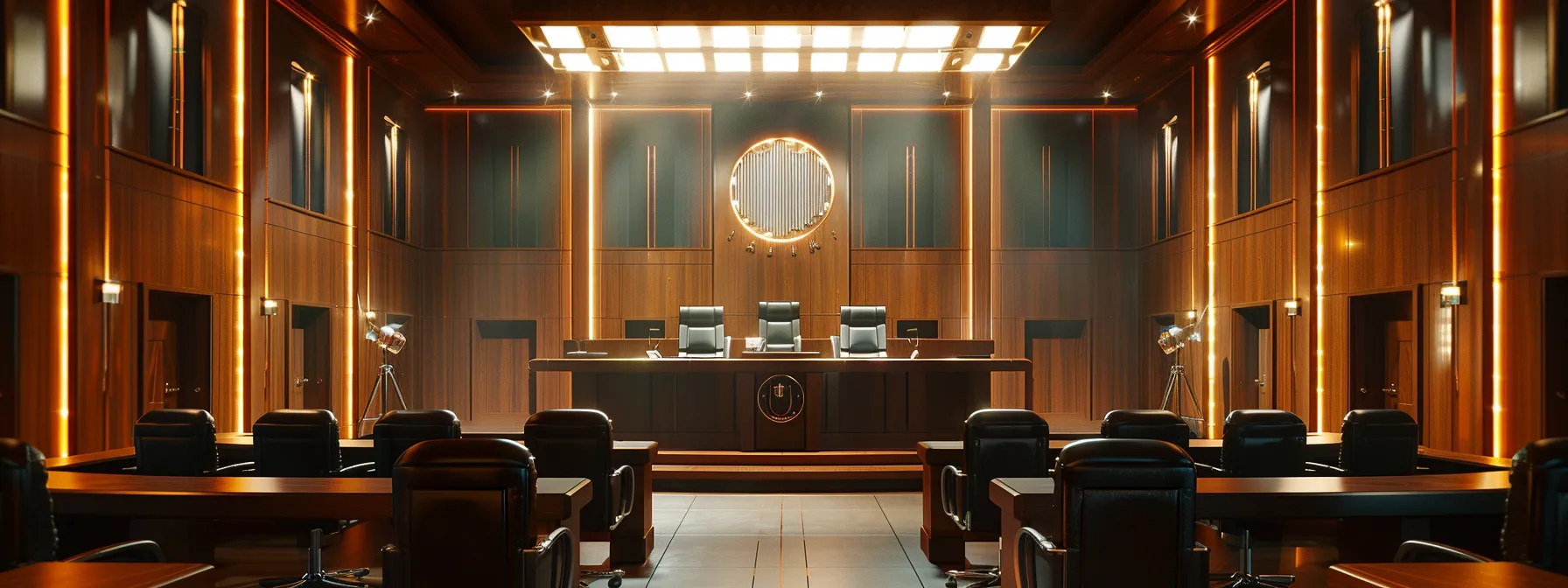 a polished, modern conference room with a sleek, dark wooden table, surrounded by high-backed leather chairs, showcasing a confident attorney presenting a compelling defense strategy on a large screen in a high-stakes legal setting. a polished, modern conference room with a sleek, dark wooden table, surrounded by high-backed leather chairs, showcasing a confident attorney presenting a compelling defense strategy on a large screen in a high-stakes legal setting.