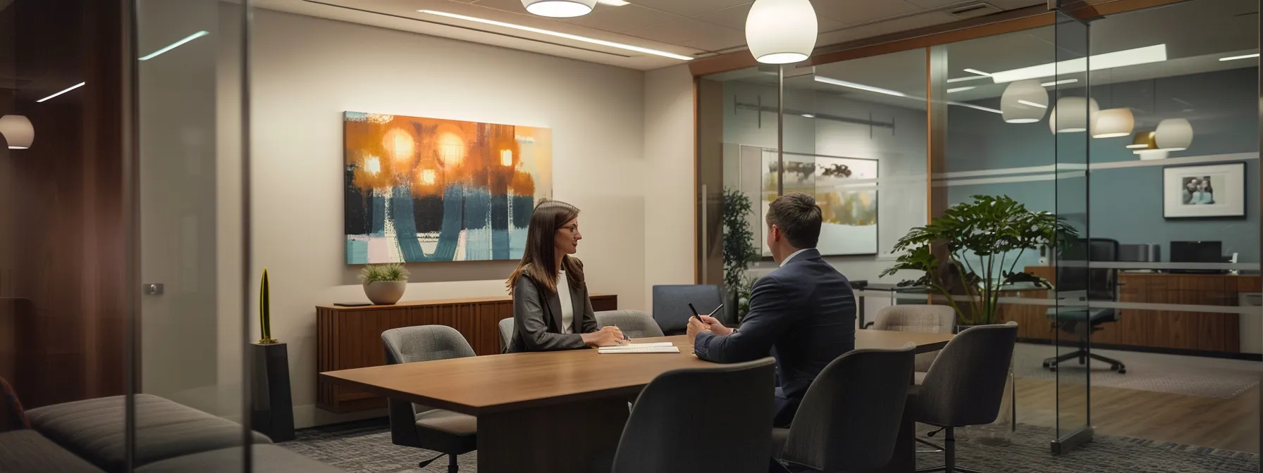 a polished, modern immigration law office features a welcoming attorney engaging with a client at a sleek conference table, illuminated by warm overhead lighting, emphasizing a sense of professionalism and approachability.