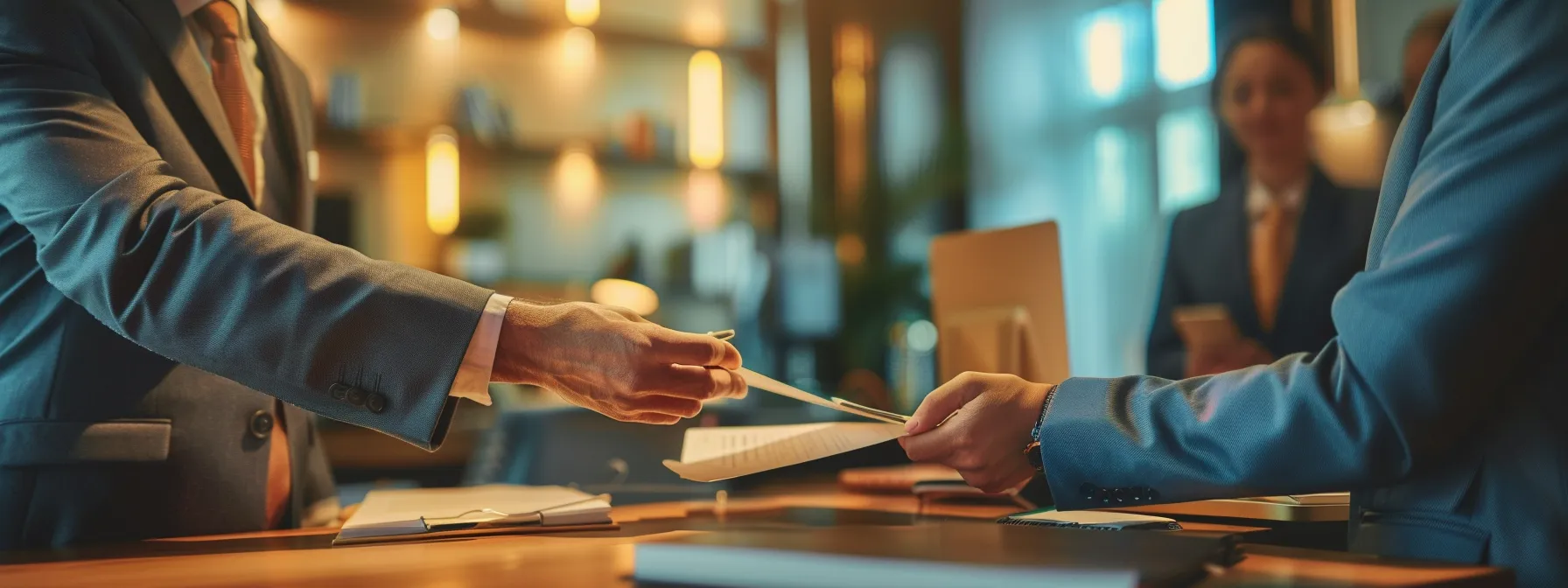 a professional immigration law office is depicted with a welcoming reception area, where a client is confidently handing over important documents to a poised attorney, emphasizing trust and streamlined service in a secure, modern setting.
