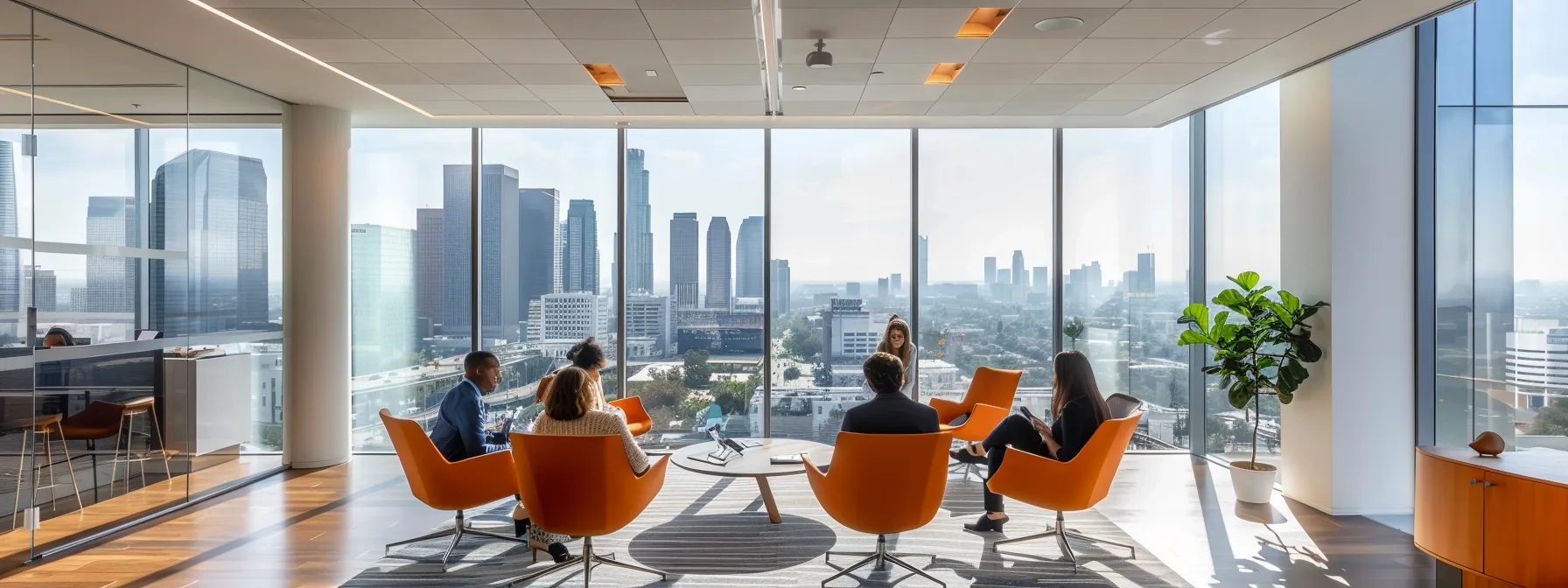 a sleek, modern immigration law office filled with diverse clients discussing their cases with experienced attorneys, framed by glass walls displaying cityscape views, emphasizing the professionalism and local expertise in navigating immigration procedures.