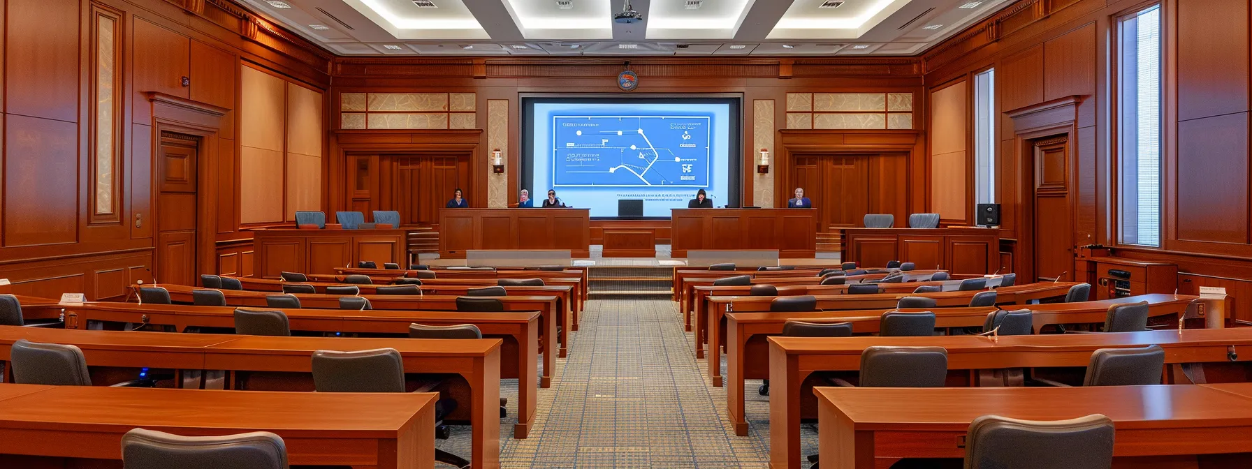 a focused and dynamic meeting room illustrates a strategic discussion among legal professionals, with a large digital screen displaying key defense methodologies and case analyses, emphasizing the critical impact of jury perception and defense strategies on criminal outcomes.
