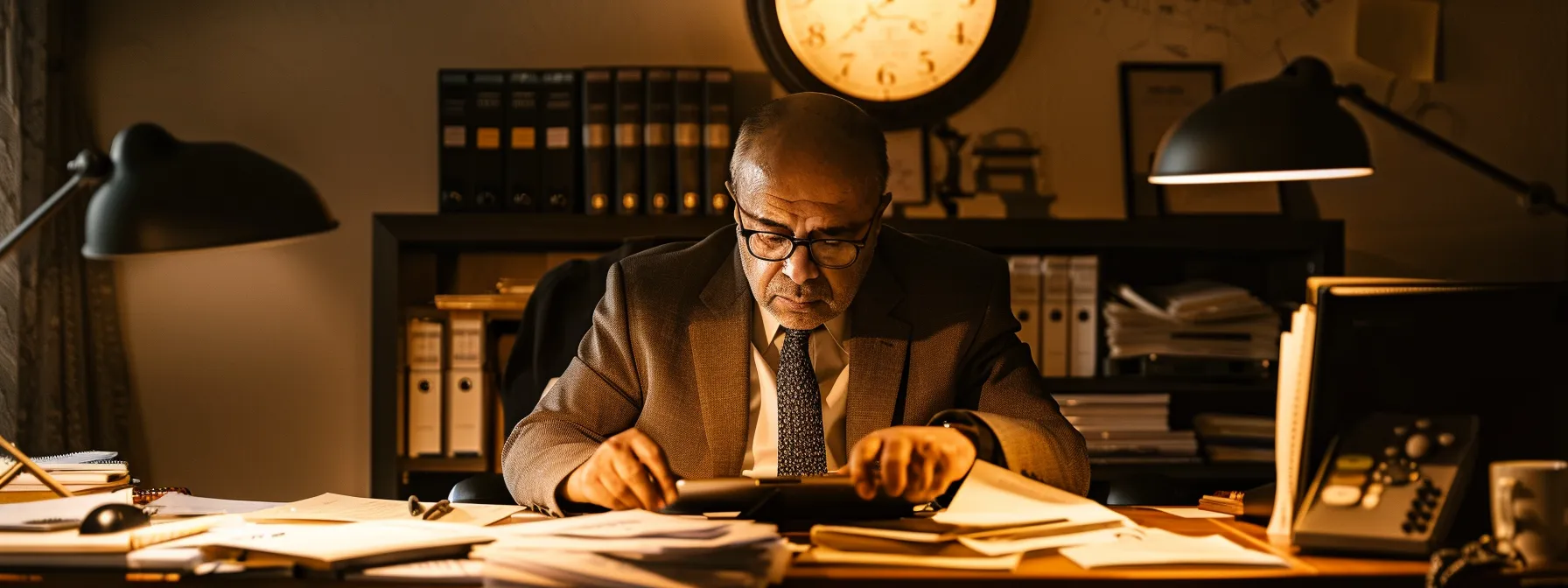 a focused immigration attorney sits at a sleek, modern office desk, surrounded by a complex array of legal documents and case files, intently reviewing a digital tablet as a wall clock looms in the background, emphasizing the urgency and intricacy of navigating shifting immigration laws.