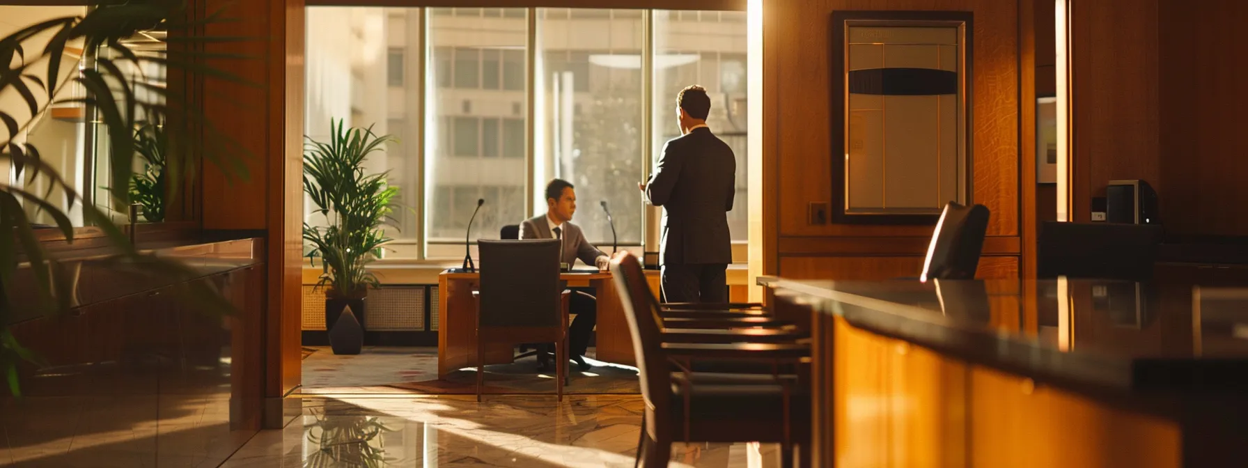a professional meeting room at an immigration law firm, featuring an attorney in a tailored suit confidently discussing qualifications and fee structures with a prospective client, accentuated by sleek modern furnishings and an inviting atmosphere.