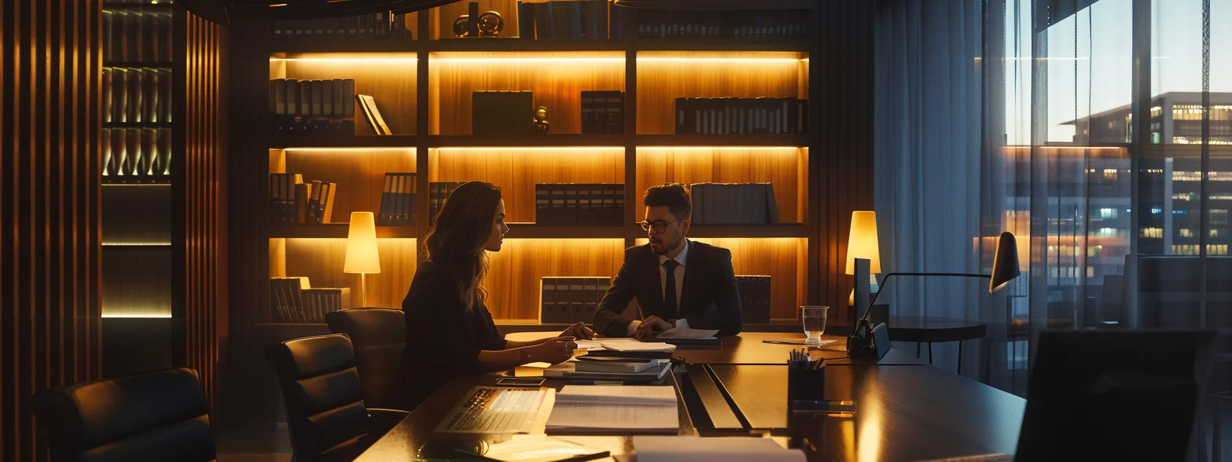 a sleek, modern law office vibrantly illuminated by soft overhead lights, showcasing a diverse team of top-rated immigration attorneys engaged in a dynamic discussion around a polished conference table filled with legal documents and case files.