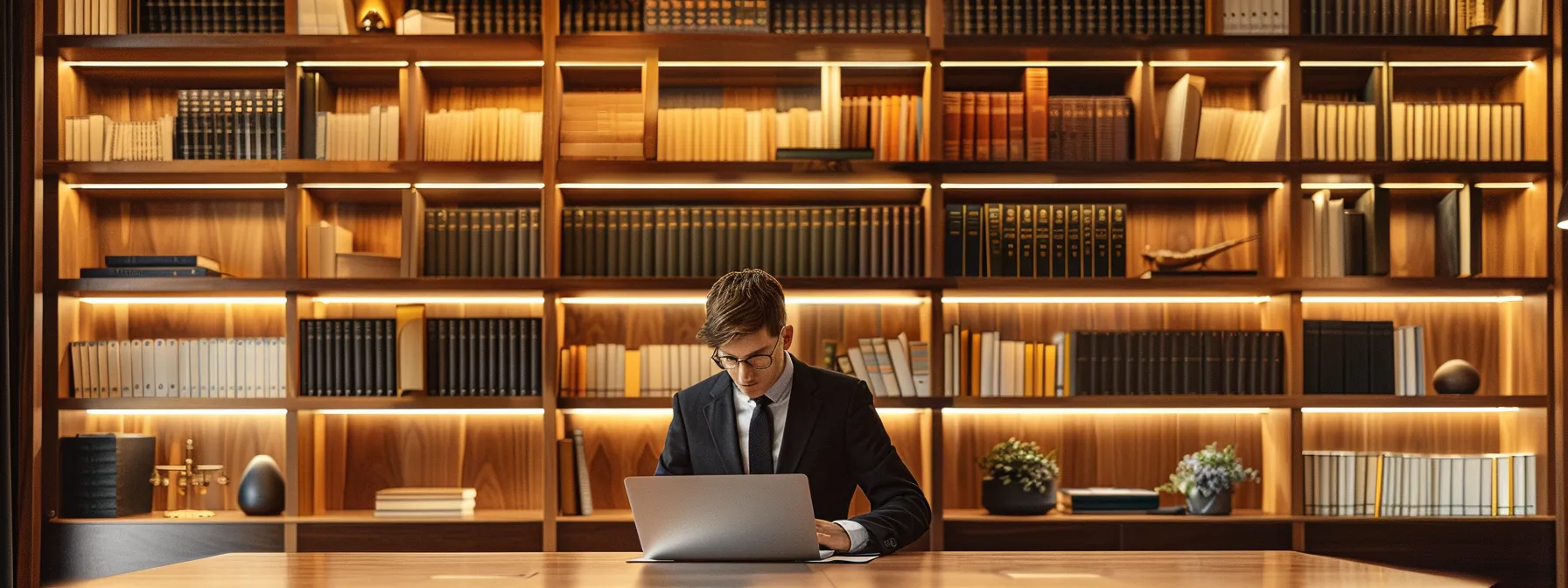 a sleek, modern law office with a polished wooden desk and shelves filled with legal textbooks, featuring a thought-provoking scene of a focused law student reviewing case studies on a laptop, illuminated by soft artificial lighting that enhances the ambiance of learning and professional growth in criminal defense.